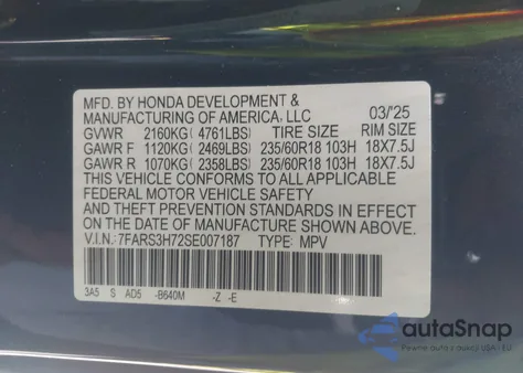 2025 Honda Cr-V Ex-L 2Wd z USA, uszkodzony, nr VIN 7FARS3H72SE007187
